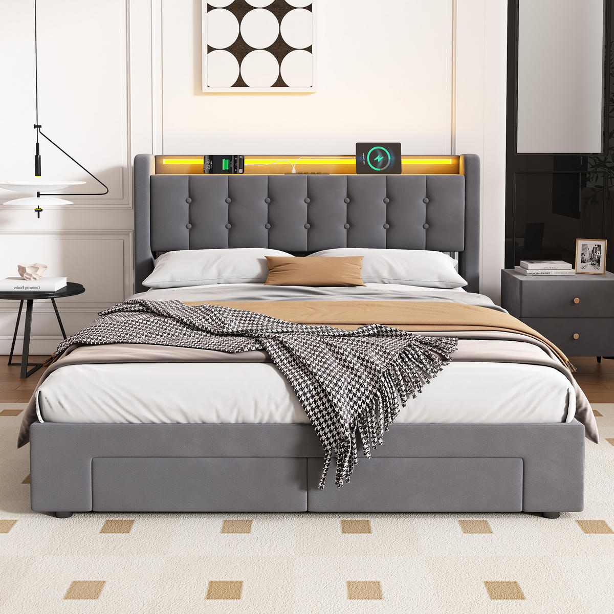 POLSTERBETT 140/200 cm Grau mit LED-Lichtleiste und USB-Anschlüssen - Grau, Holzwerkstoff (140/200cm) - OKWISH