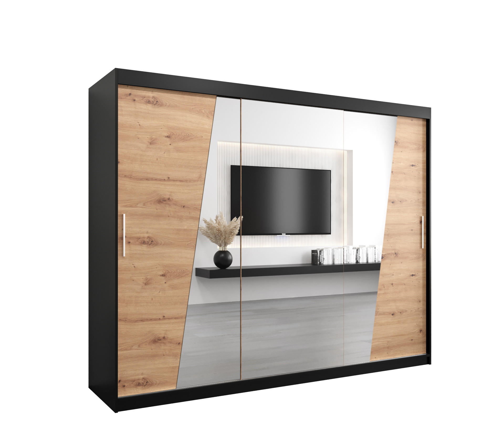 Abiks Möbel Schwebetürenschrank Schwarz, Eiche Artisan 250x200x62 cm