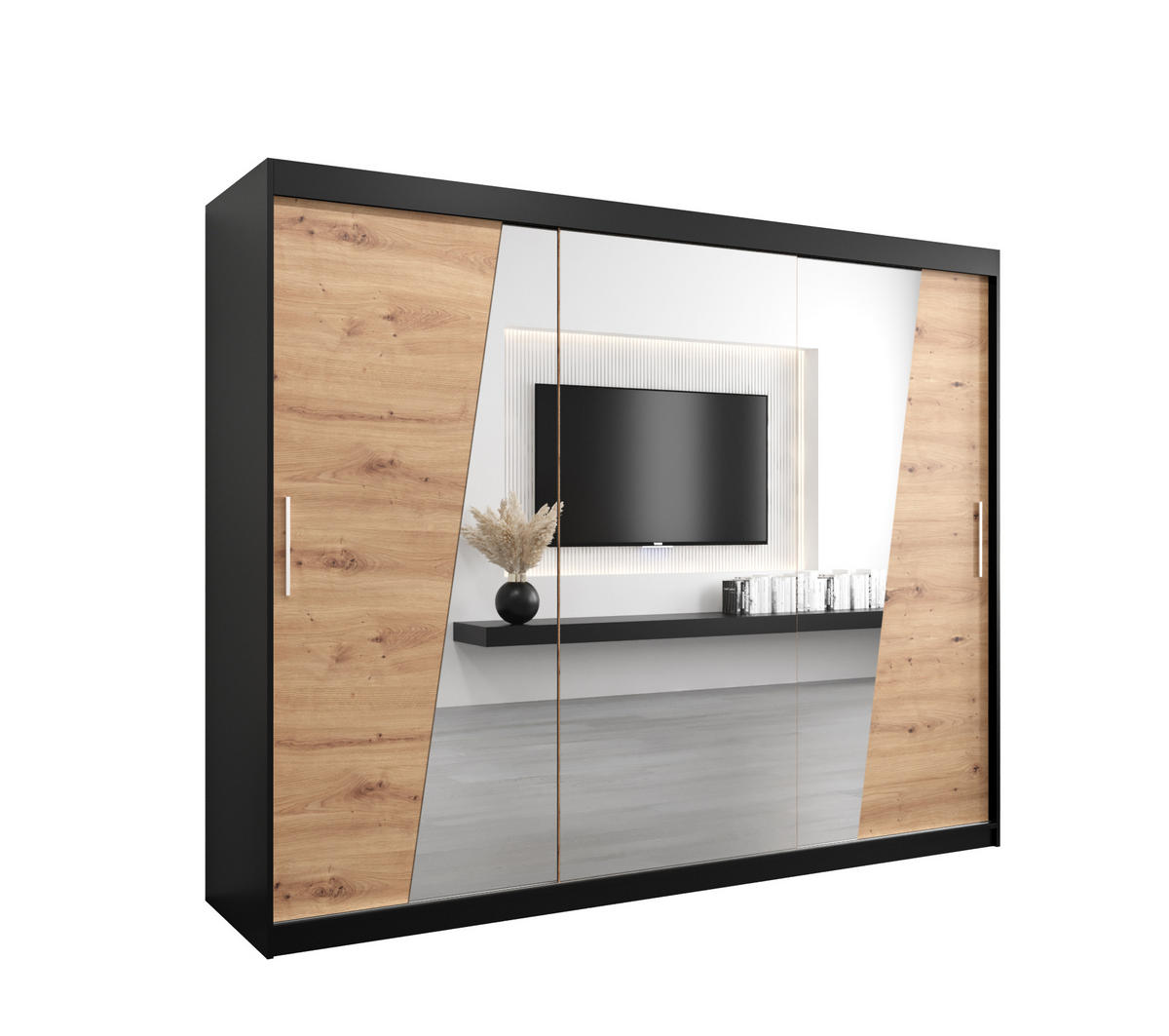 SCHWEBETÜRENSCHRANK 200/250/62 3-türig - Silberfarben/Schwarz, Holz/Kunststoff (250/200/62cm) - Abiks Möbel