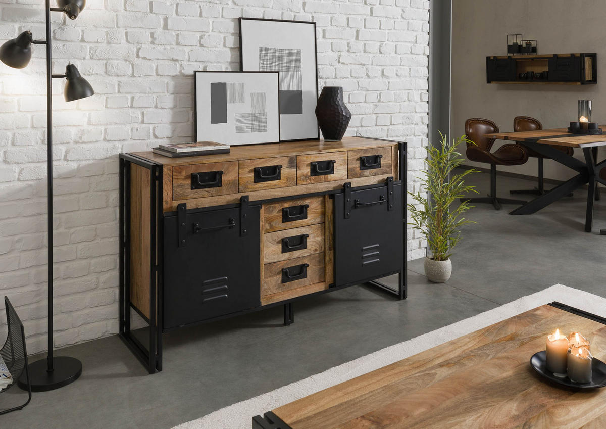 SIDEBOARD Mango 150x45x90 natur klar lackiert / Metall schwarz BLACKBURN #110 - Braun, Holz (150/90/45cm) - Massivmoebel24