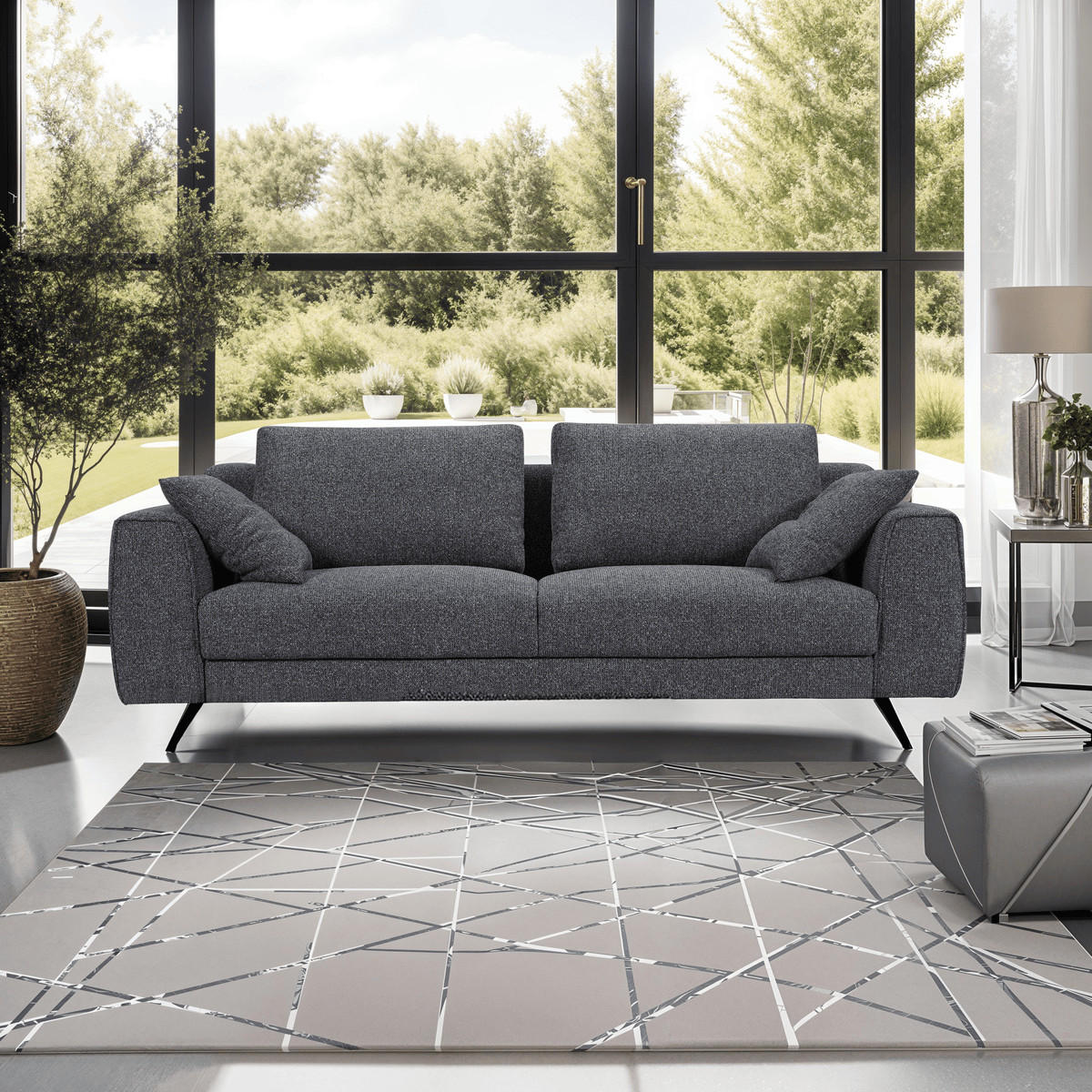 DREISITZER-SOFA Webstoff Grau - Schwarz/Grau, Textil/Metall (217/84/92cm) - Furnhouse
