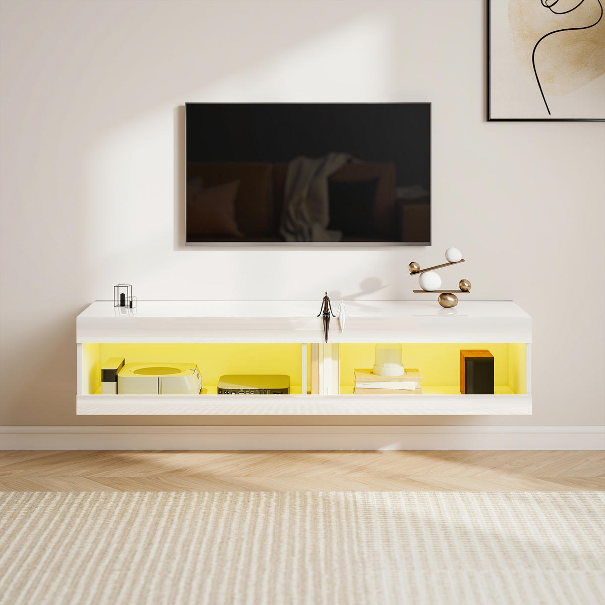 TV Schrank, Hängendes TV Lowboard mit RGB LED-Beleuchtung, offenen Stauraum - Weiß Hochglanz, Holzwerkstoff (40/30/140cm) - HOMCOM