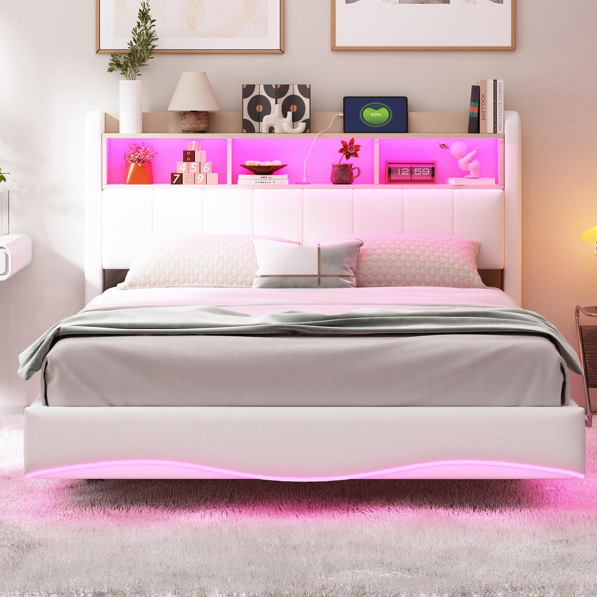 POLSTERBETT 140/200 cm in Beige Leinen mit Stauraum, LED, USB und Type-C - Beige, Holzwerkstoff/Textil (140/200cm) - WISHDOR