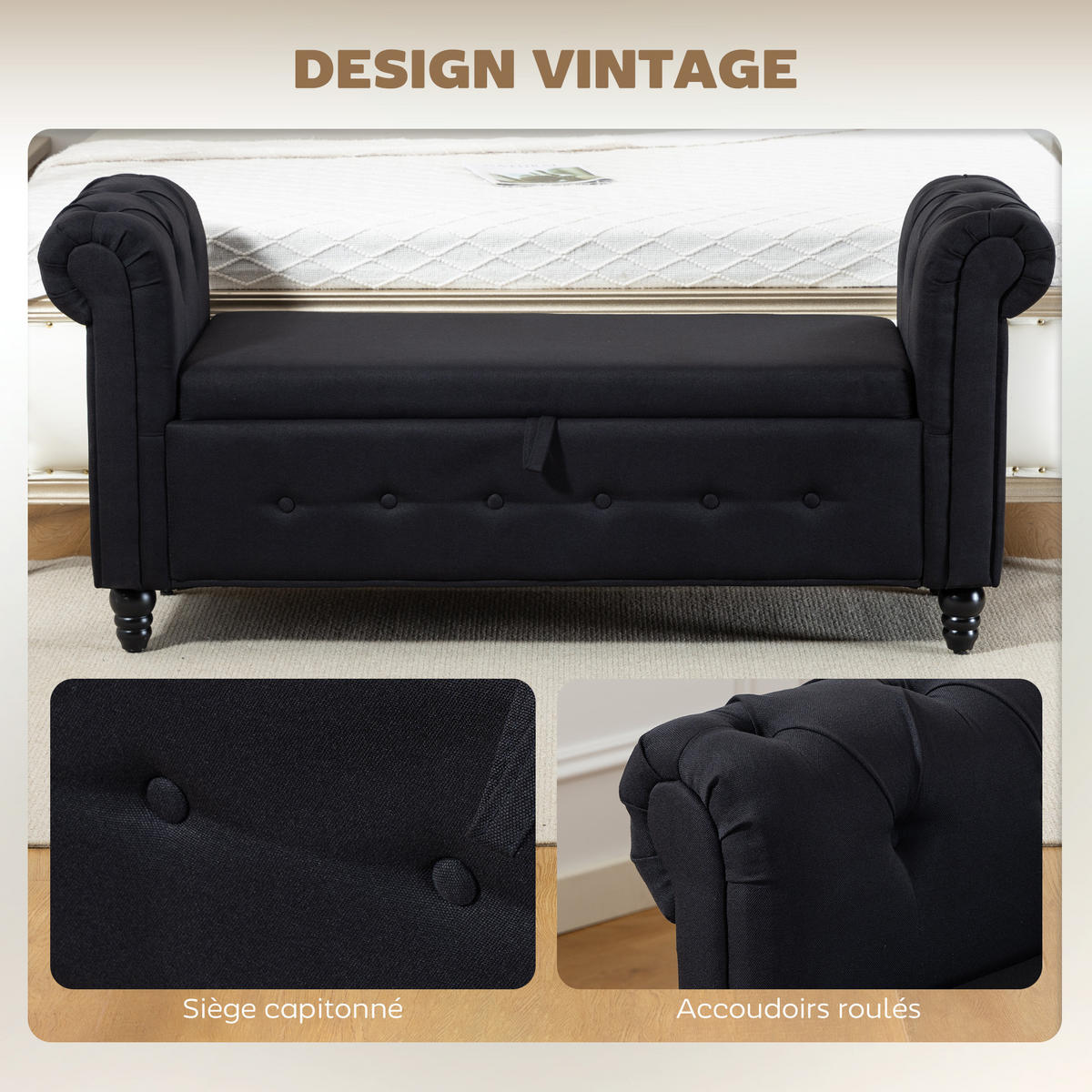 TRUHENBANK DE-16448 2-in-1 mit Stauraum Schwarz - Schwarz, Textil (146.5/72/49cm) - ComfortXL