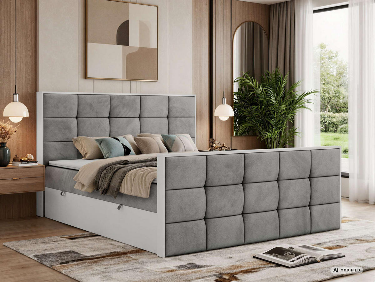 BOXBETT ALVIT DUO 160/200 - Hellgrau Velvet - Topper Visco - H3 - Hellgrau/Schwarz, Kunststoff/Textil (160/200cm) - MKS