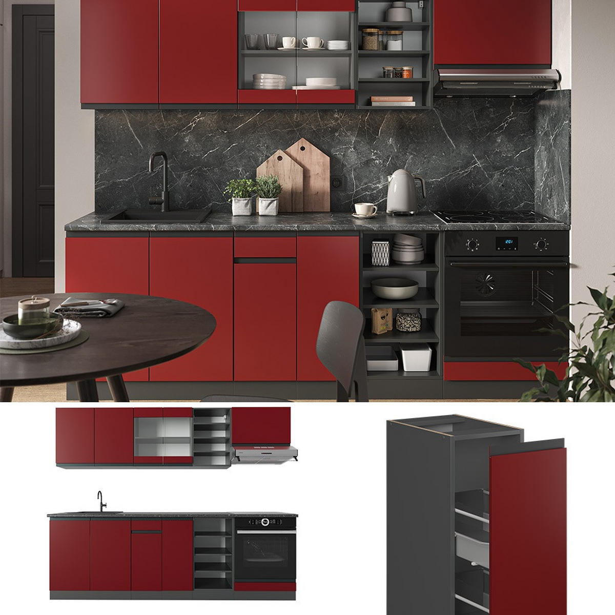 KÜCHENZEILE R-Line Rot/Anthrazit 240 cm J-Shape, AP Anthrazit - Anthrazit/Rot, Holzwerkstoff (240/206.8/60cm) - Vicco