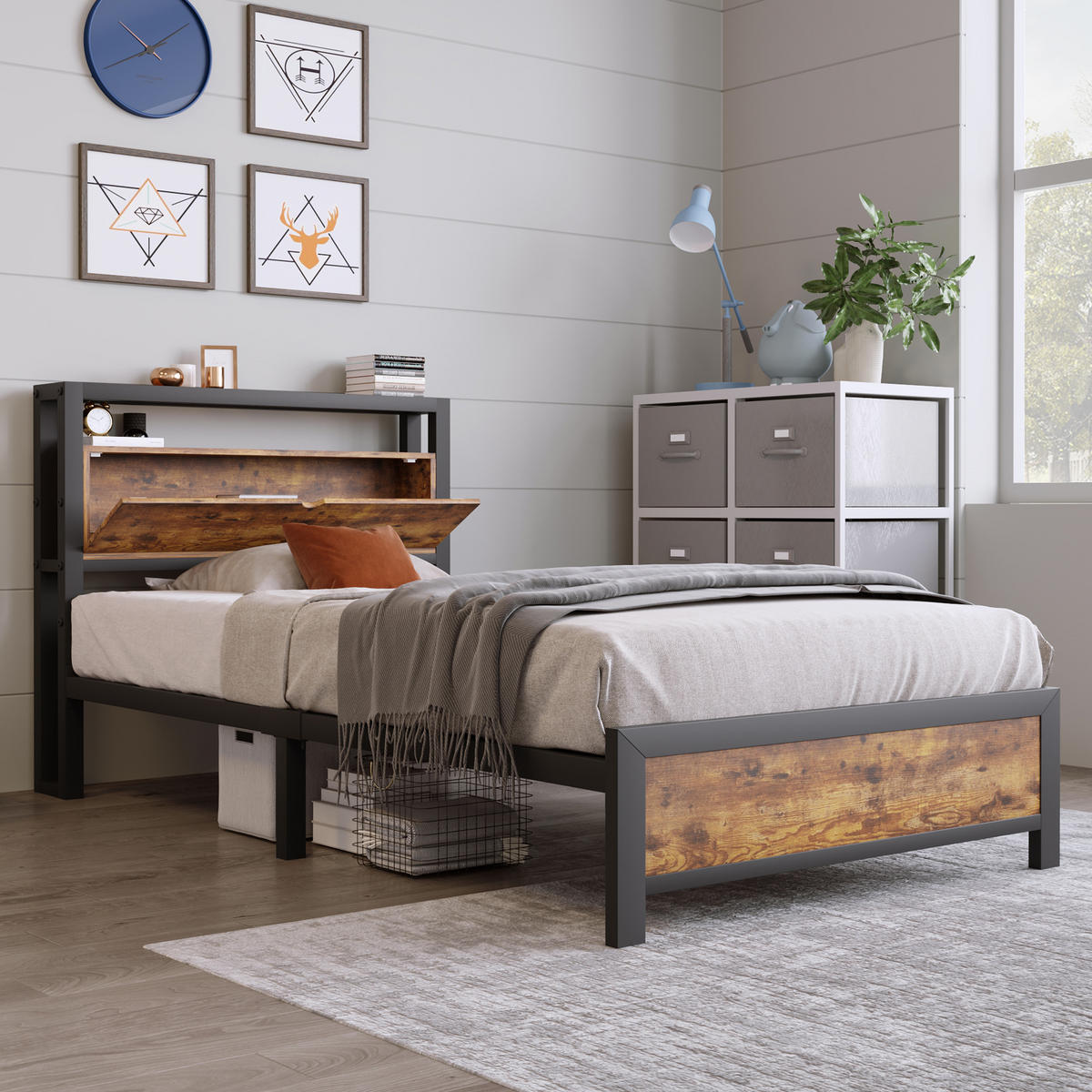 METALLBETT 90/200 mit Stauraum-Kopfteil und Metalllattenrost in Schwarz - Schwarz, Holzwerkstoff/Metall (90/200cm) - EVRYAE