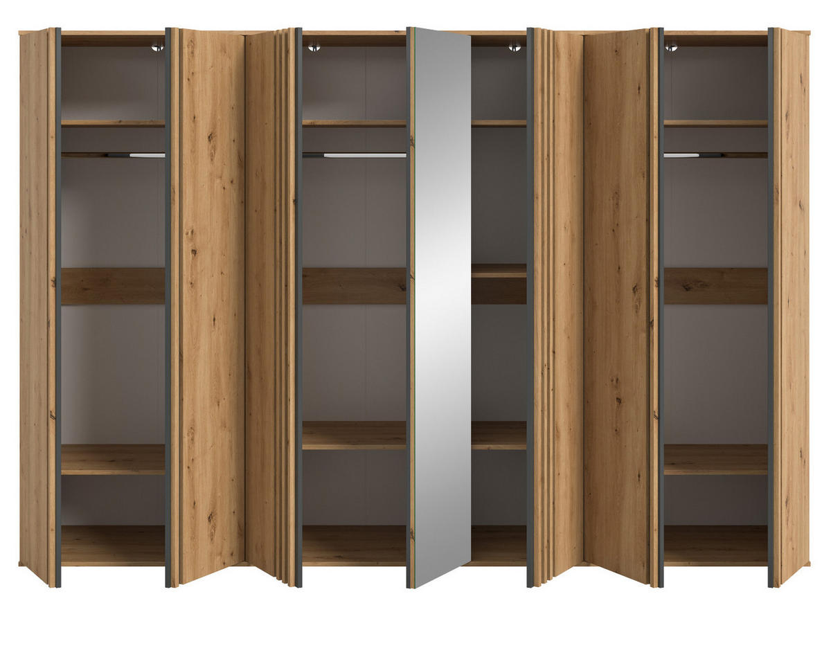KLEIDERSCHRANK Eiche Artisan, grau 280 x 192 cm 7-türig, Drehtürenschrank mit Spiegel - Anthrazit/Eiche Artisan, Holzwerkstoff (280/192/56cm) - Inn.Furn