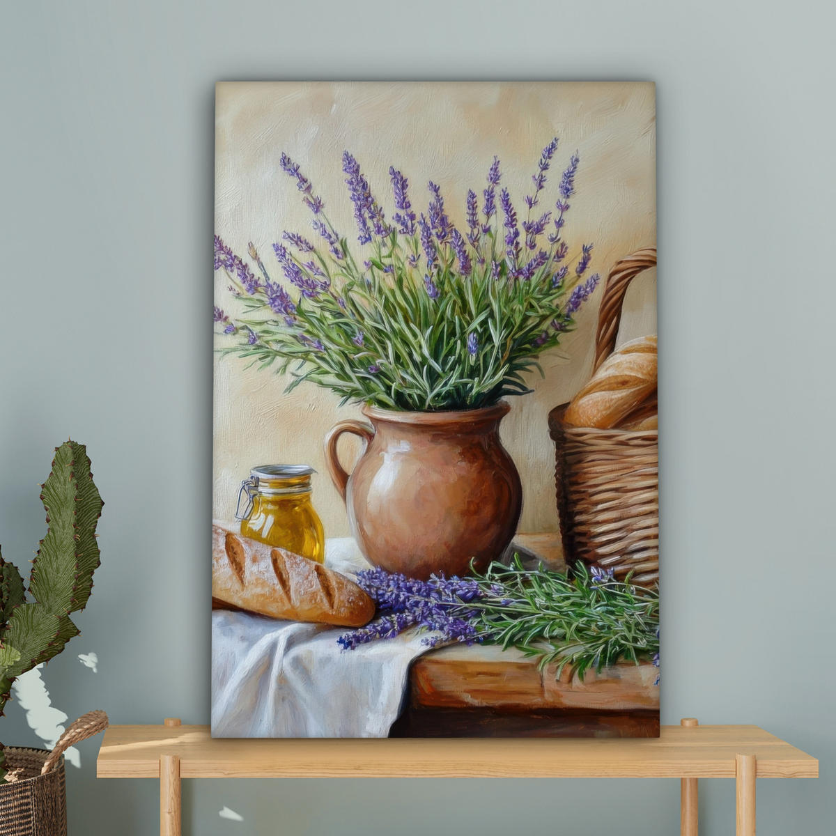 LEINWANDBILD Lavendel - Brot - Stilleben 60x90 cm - Flieder, Textil (60/90cm) - MuchoWow