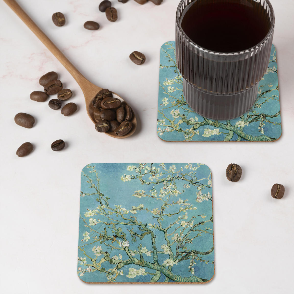GLASUNTERSETZER 6er-Set Van Gogh - Mandelblüte - Alte Meister - Kunst - Vintage 10x10 cm - Hellblau, Naturmaterialien (10/0.2cm) - MuchoWow