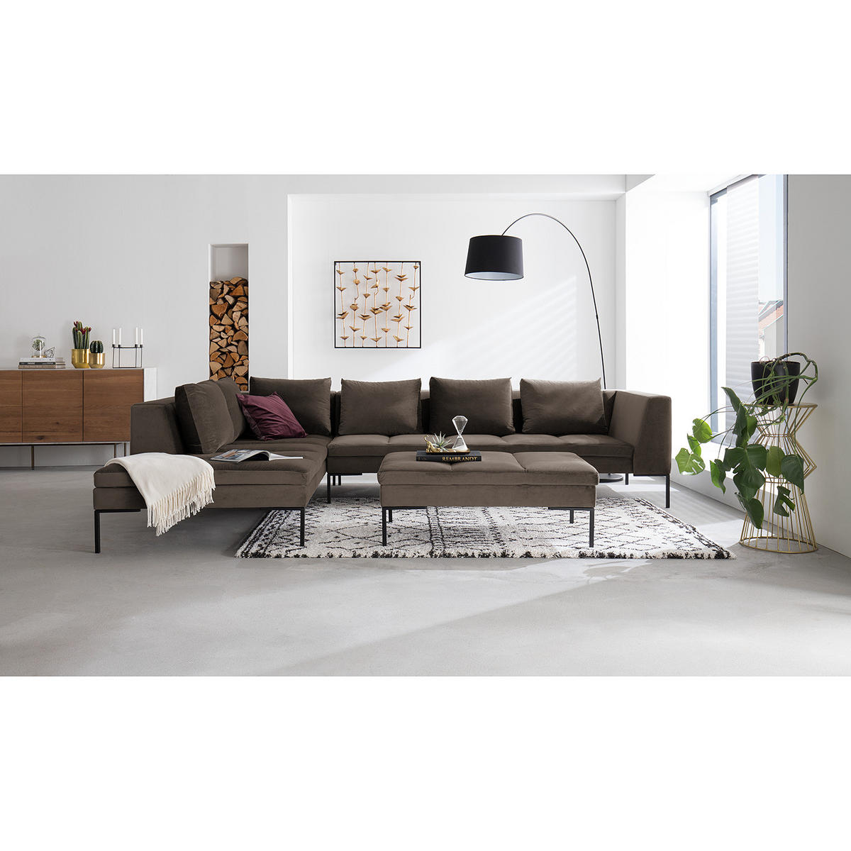 ECKSOFA mit Ottomane - Taupe/Schwarz, Textil/Metall (319/230cm) - home24