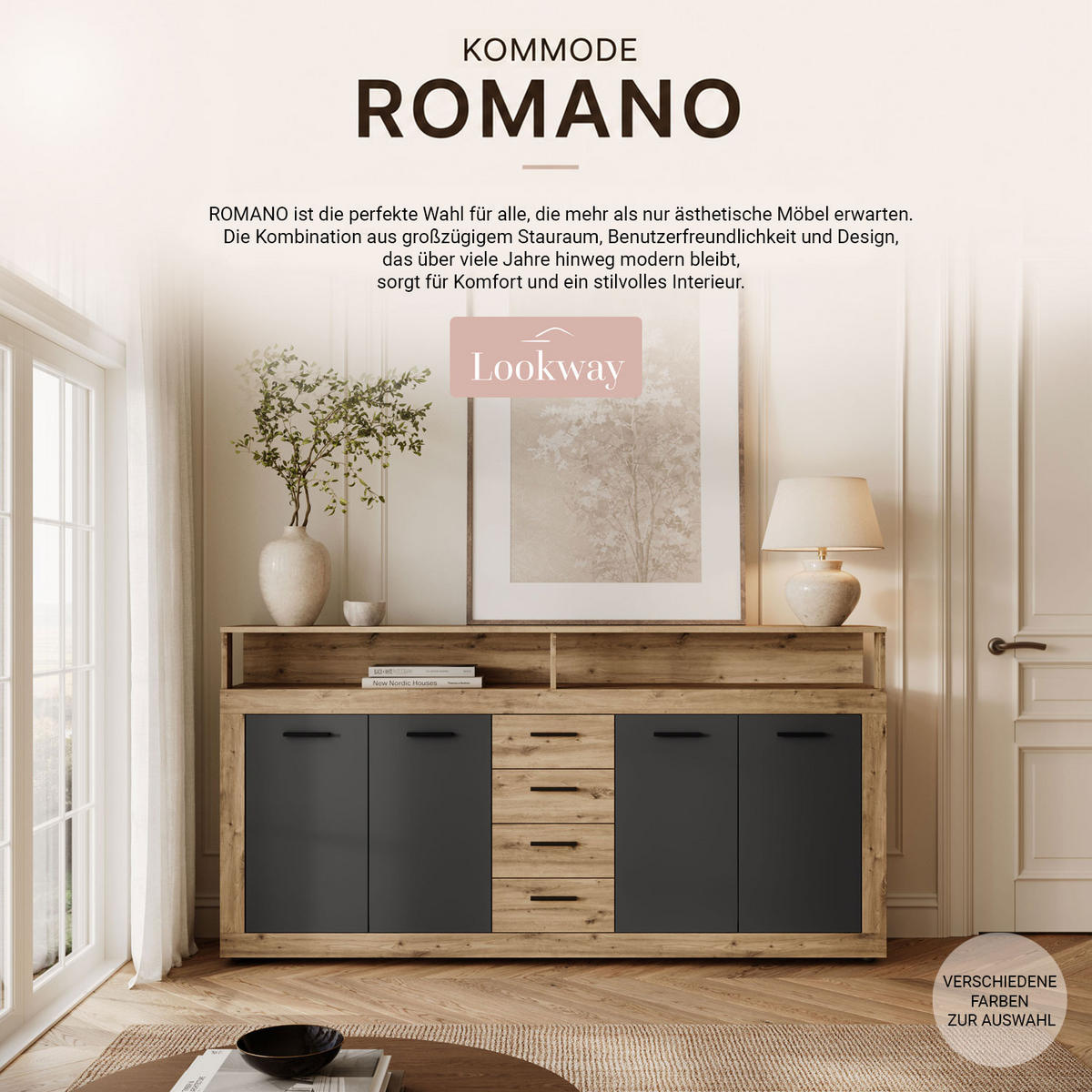 KOMMODE ROMANO mit Schubladen - Schwarz/Eiche Artisan, Holzwerkstoff (190/96/32cm) - Lookway