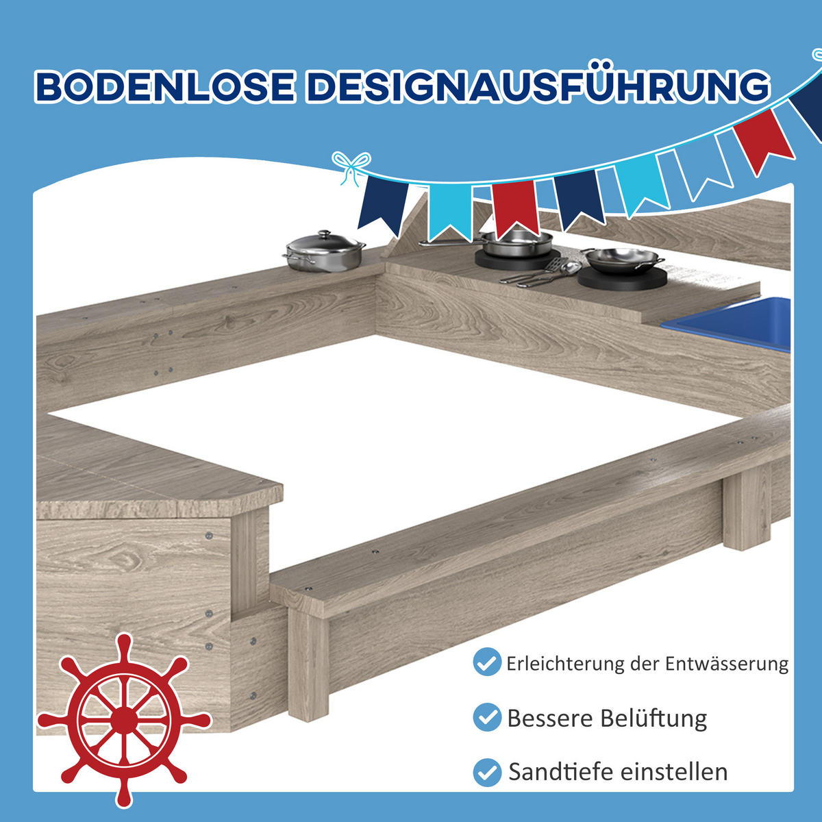 SANDKASTEN Sandkiste groß mit Abdeckung im Schiff Design Matschekiste aus Holz - Grau, Holz (180/103/144.5cm) - Outsunny