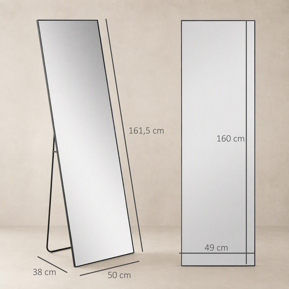 STANDSPIEGEL 2er-Set Schwarz 50.0/2.0/161.5 cm - Schwarz, Metall (2/161.5/50cm)