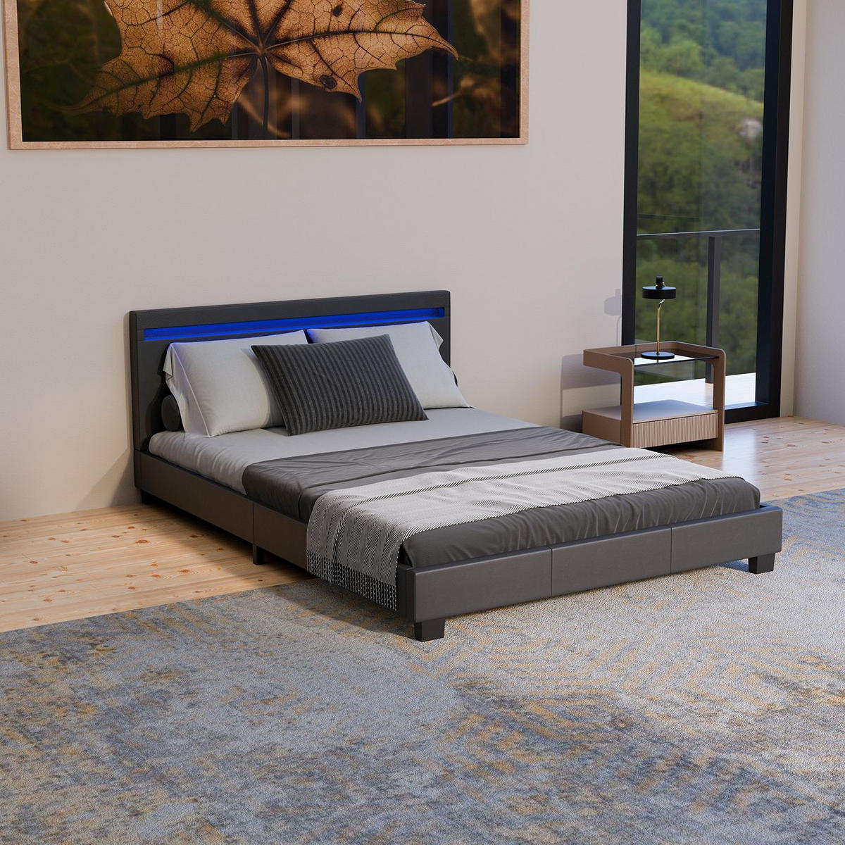 POLSTERBETT Paris schwarz 140x200cm mit Matratze und LED (16 Farben) - Schwarz, Textil (140/200cm) - Juskys