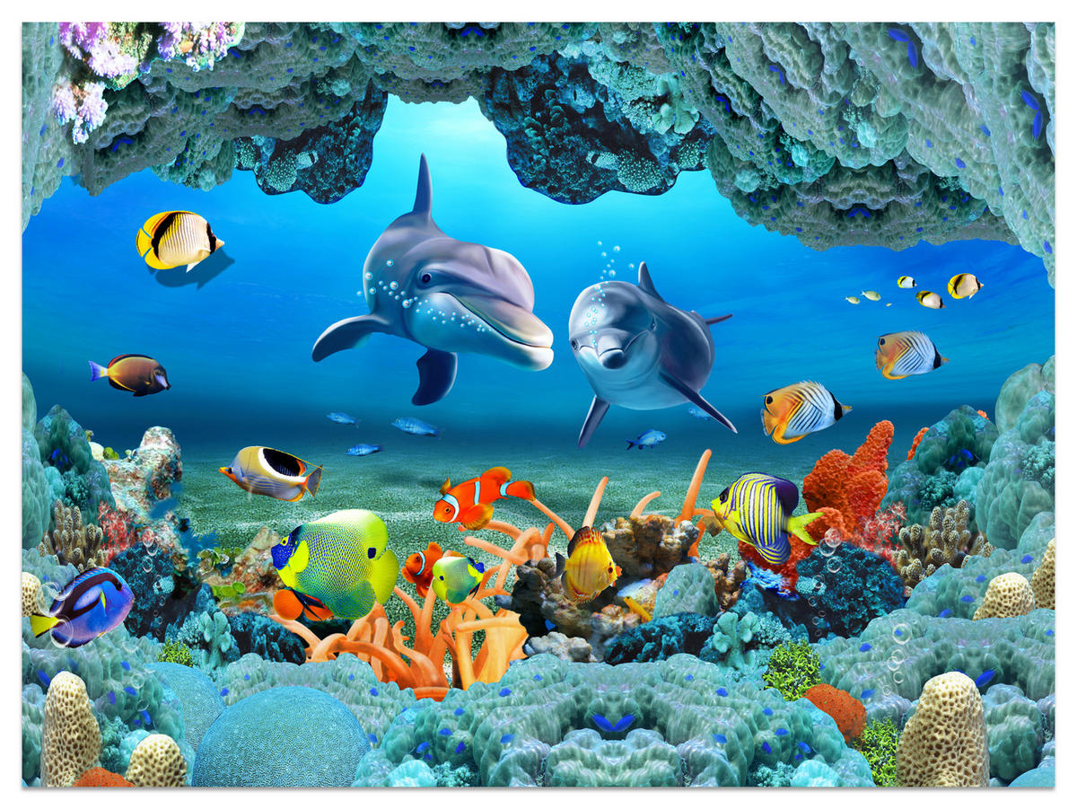 FOTOTAPETE für Badezimmer Unterwasser Korallenriff Delfin Fisch 350x256 - Türkis/Gelb, Papier (350/256cm) - Muralo