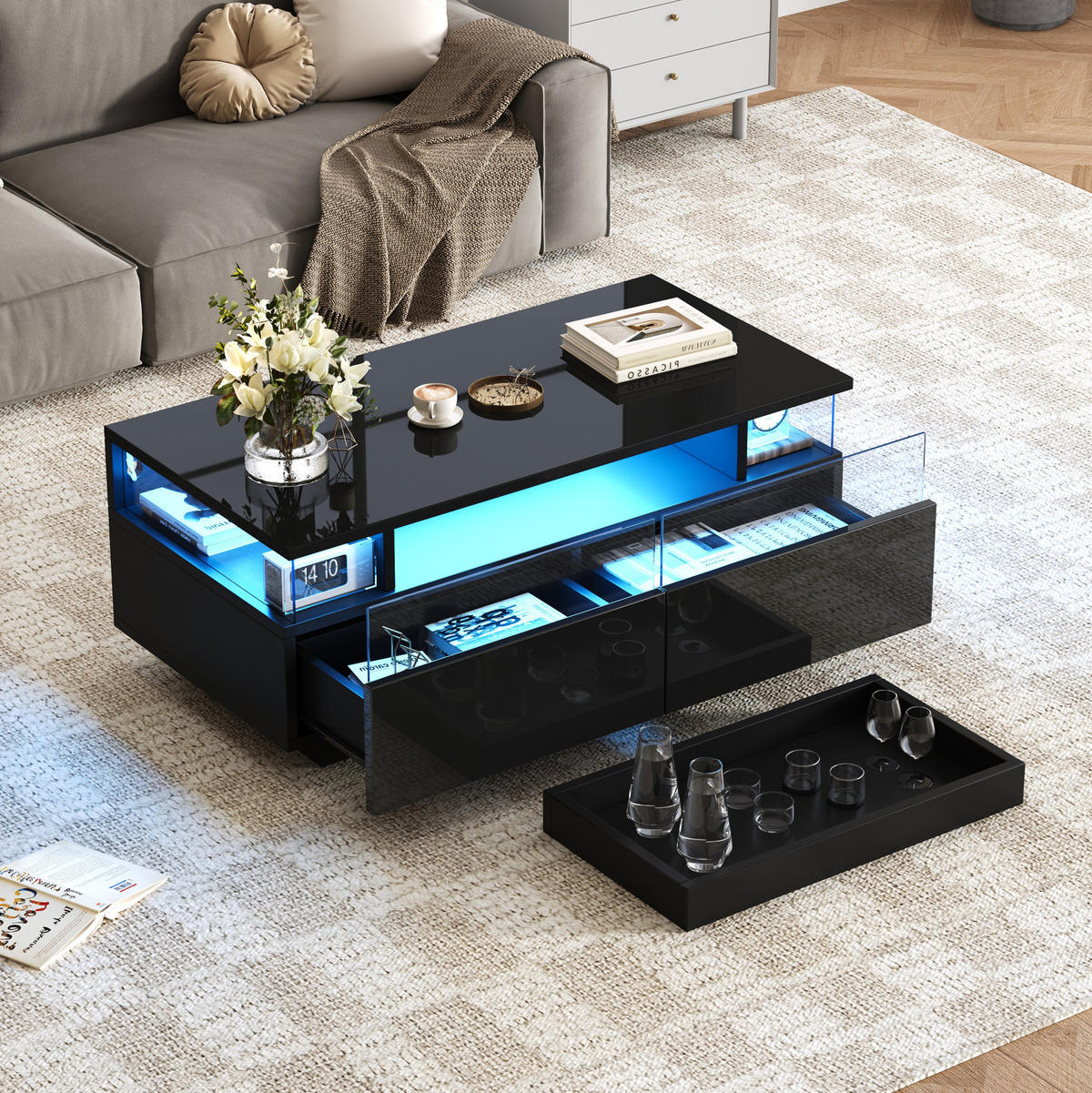 COUCHTISCH aus Holzwerkstoff und Glas 90x45x35,5 cm in Schwarz mit LED - Schwarz, Holzwerkstoff (90/45/35.5cm) - Modfu
