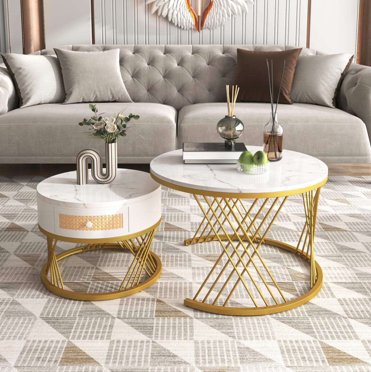 COUCHTISCH 2er-Set rund 70/50 cm MDF Weiß Gold - Weiß, Metall (70/70/45.5cm) - Meubliv