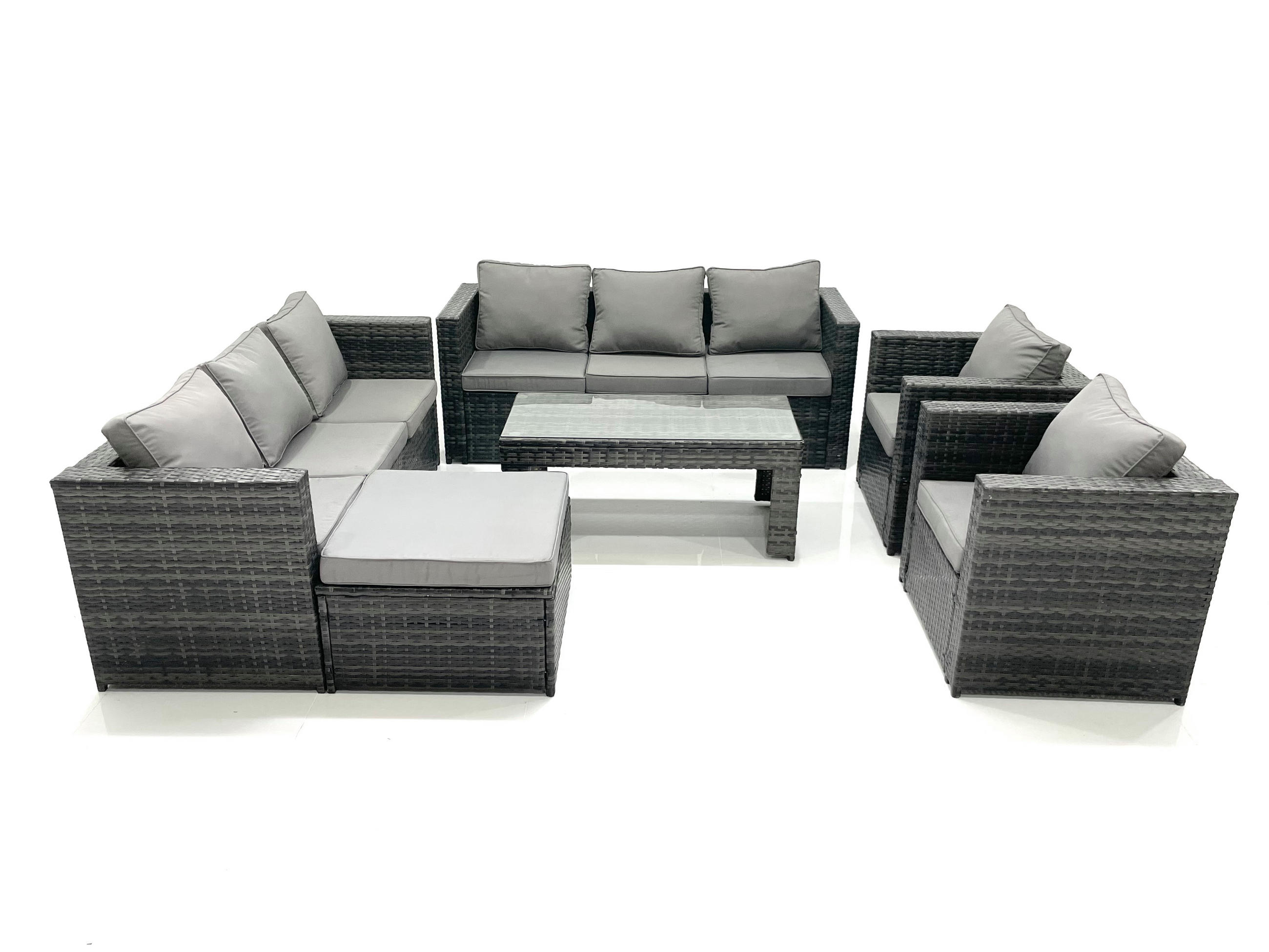 GARTENMÖBEL COUCHTISCH SET mit Sofa Polyrattan Outdoor 9-Sitzer - Dunkelgrau/Grau, Glas/Kunststoff - Fimous