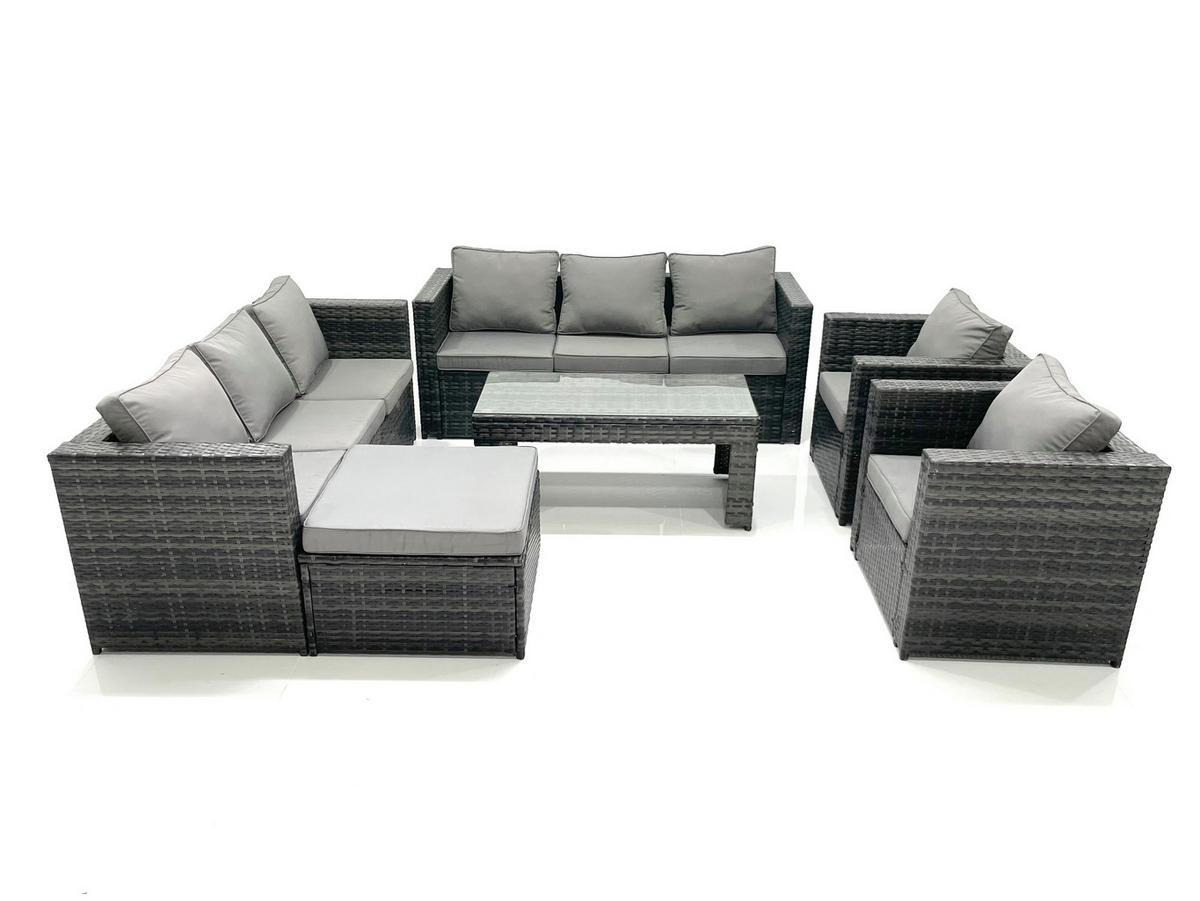 GARTENMÖBEL COUCHTISCH SET mit Sofa Polyrattan Outdoor 9-Sitzer - Dunkelgrau/Grau, Glas/Kunststoff - Fimous