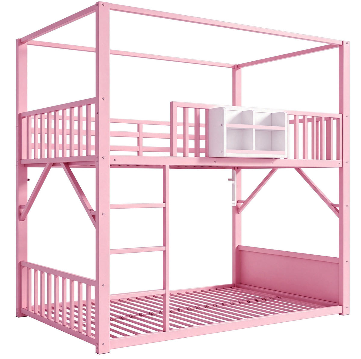ETAGENBETT aus Metall und MDF 90x200 cm Rosa mit Dachkonstruktion, Regal und Seitentasche - Pink, Metall (90/200cm) - Modfu
