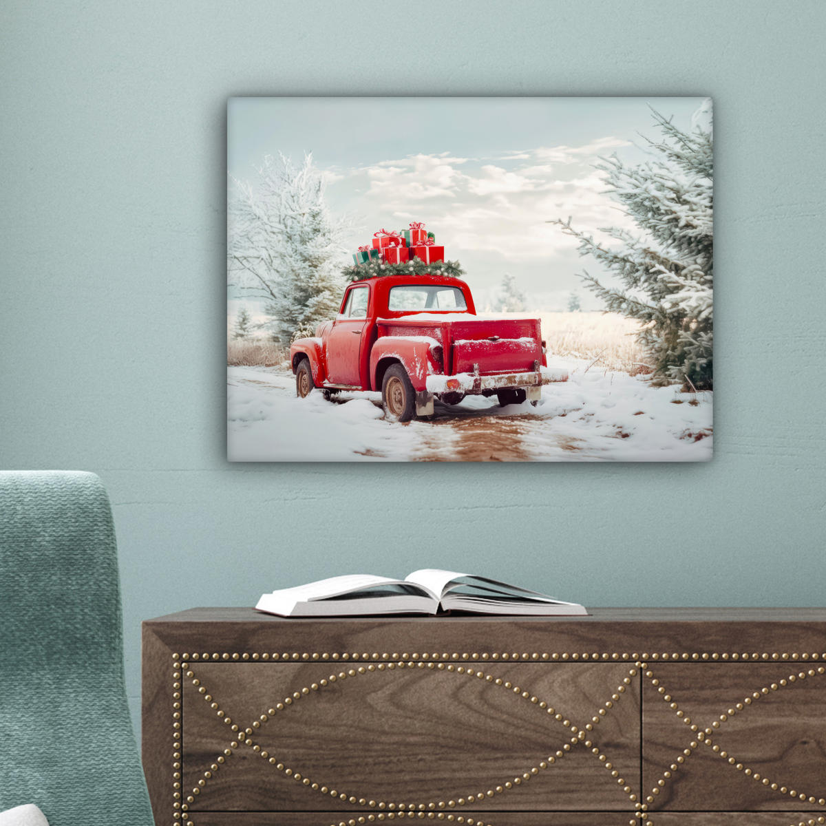 LEINWANDBILD Auto - Rot - Geschenke - Winter - Schnee - Weihnachten 40x30 cm - Rot, Textil (40/30cm) - MuchoWow