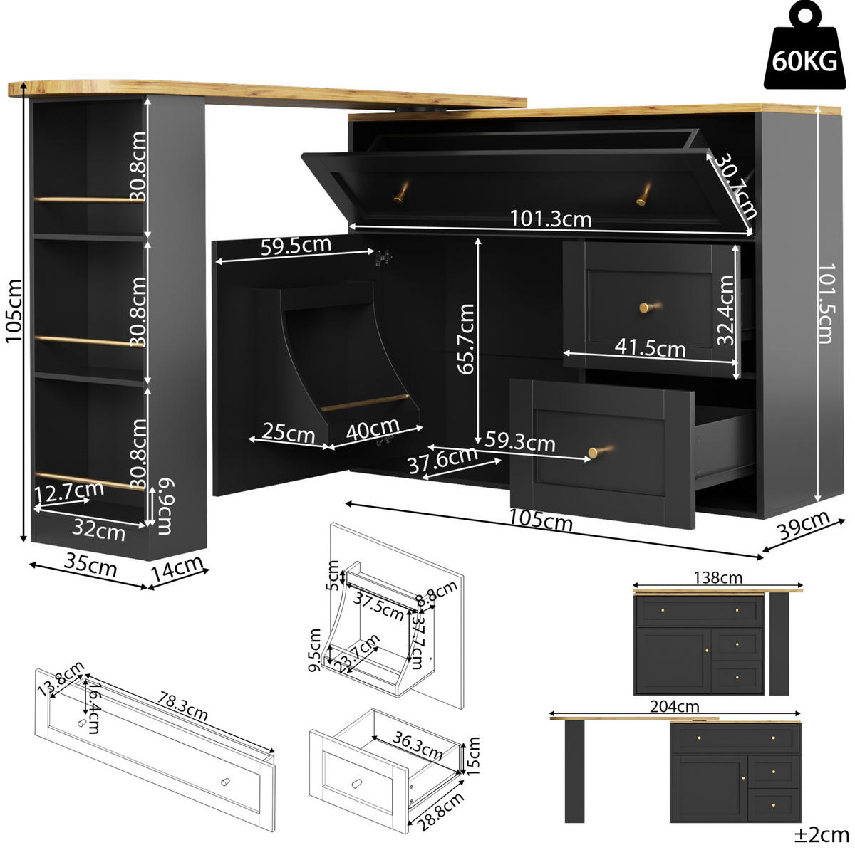 BAROVÝ stůl z MDF a kovu 138-204x39x105 cm černý s úložným prostorem a 360° otočnou deskou - černá, kompozitní dřevo (204/105/39cm) - Modfu