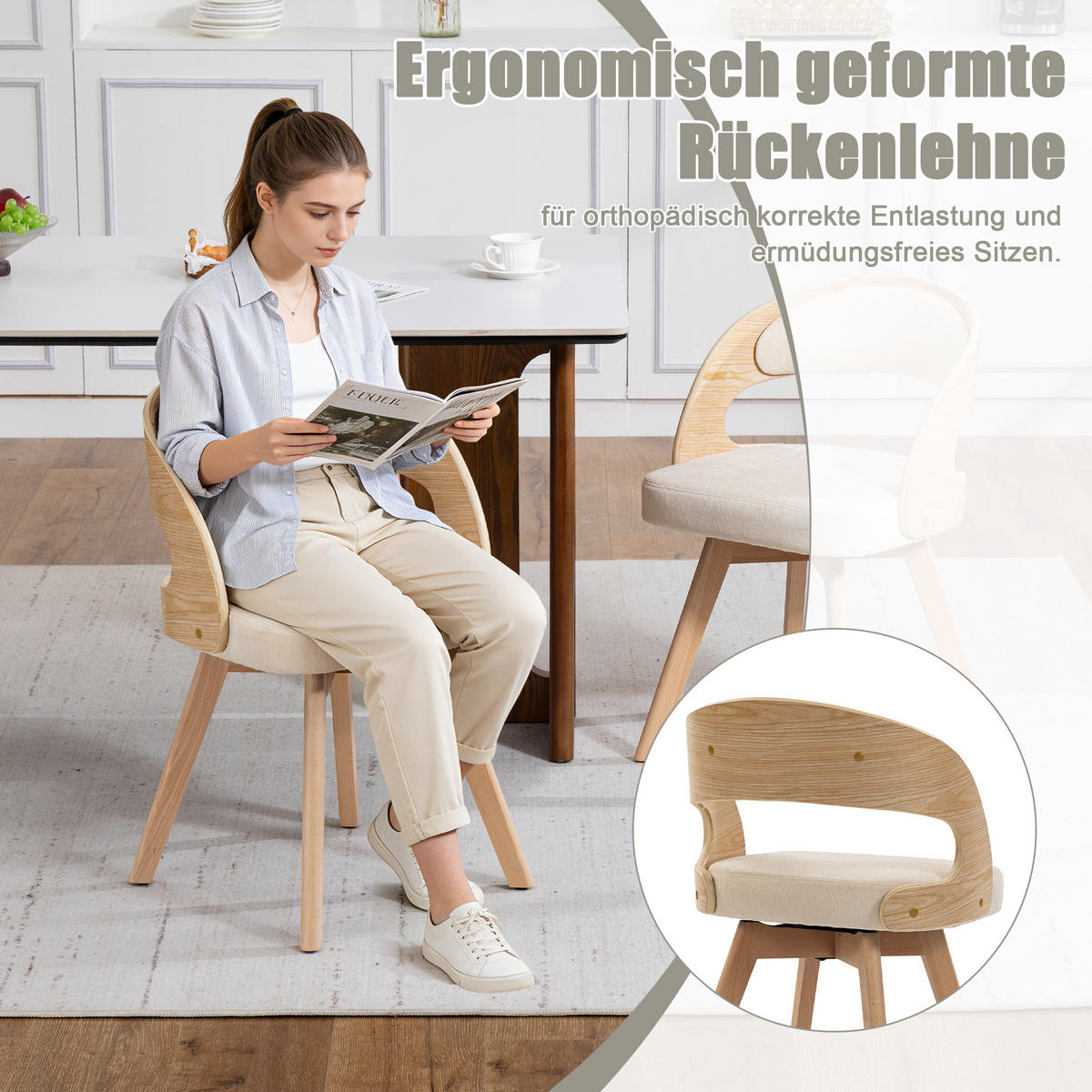 ESSZIMMERSTUHL 2er-Set drehbar mit Leinenkissen, Beige - Beige, Textil (41/72/44cm)