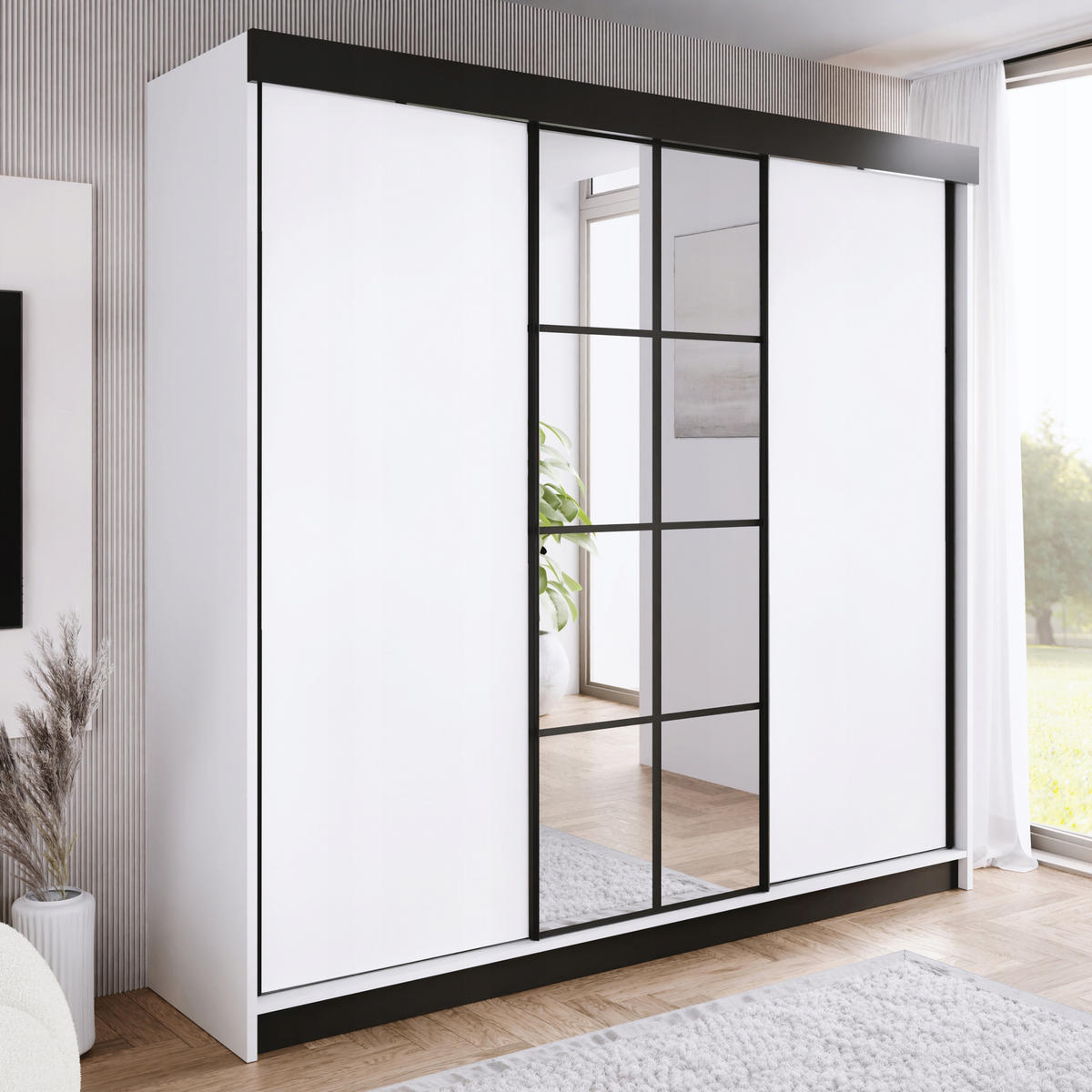 POSUVNÁ ŠATNÍ SKŘÍŇ ARI 1 se zrcadlem 250 - Bílá - bílá, kompozitní dřevo (250/200/62cm) - Kier Furniture