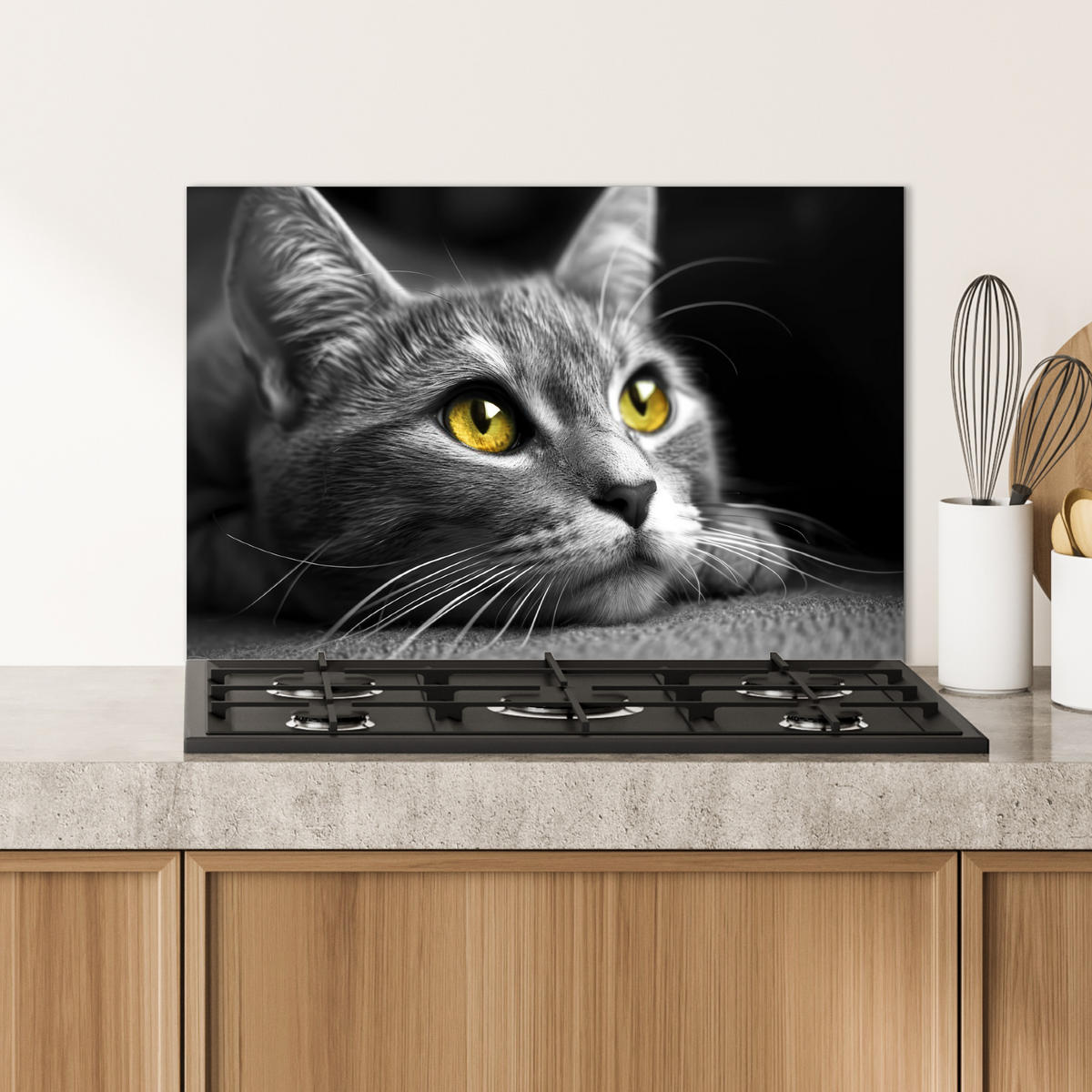 SPRITZSCHUTZ KÜCHE Katze - Grau - Tiere - Katze 70x50 cm - Grau, Metall (70/0.3/50cm) - MuchoWow