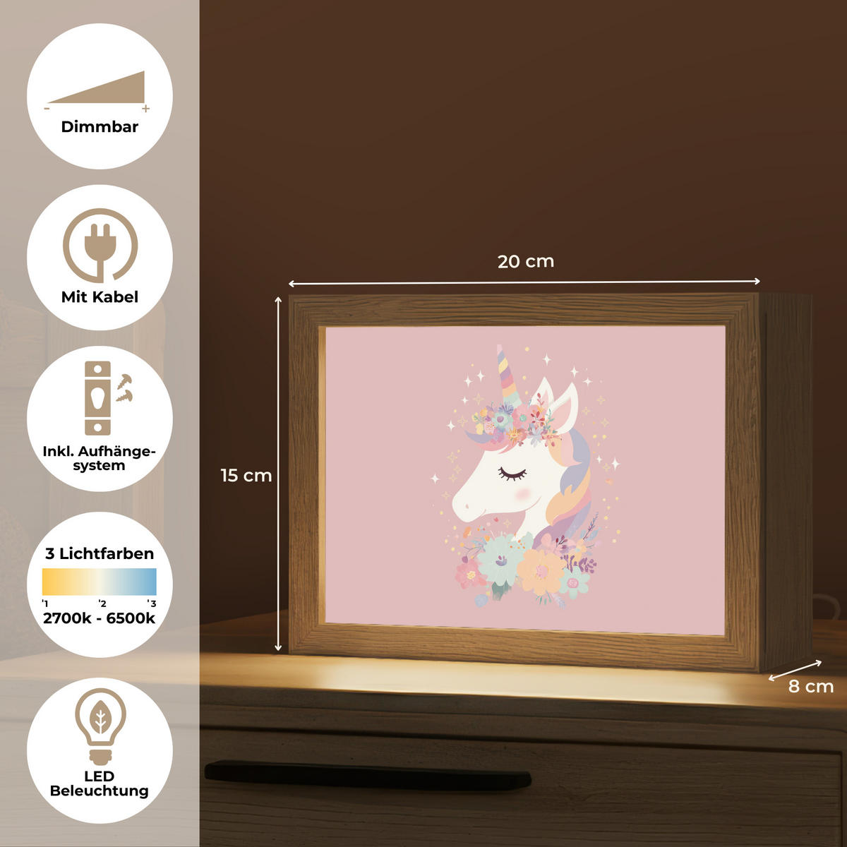 NACHTTISCHLAMPE Einhorn - Rosa - Blumen 20x15 cm - Rosa, Holzwerkstoff (8/20/15cm)