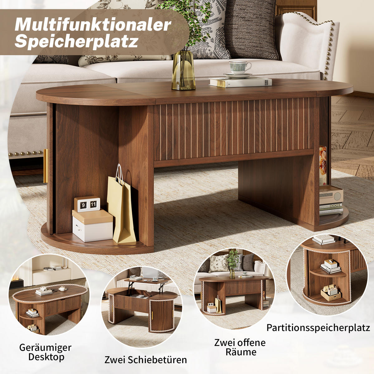 COUCHTISCH höhenverstellbar Schiebetüren Stauraum modern - Walnussfarben, Holzwerkstoff (100/50/40.5cm) - FLIEKS