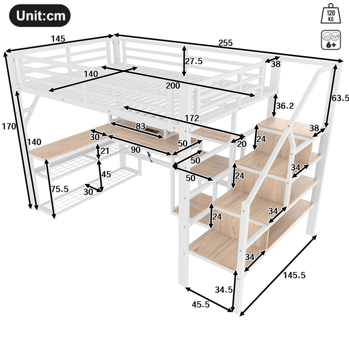 HOCHBETT 140/200 cm Weiß aus Metall und MDF mit Schreibtisch - Weiß, Metall (140/200cm) - OKMYHOME