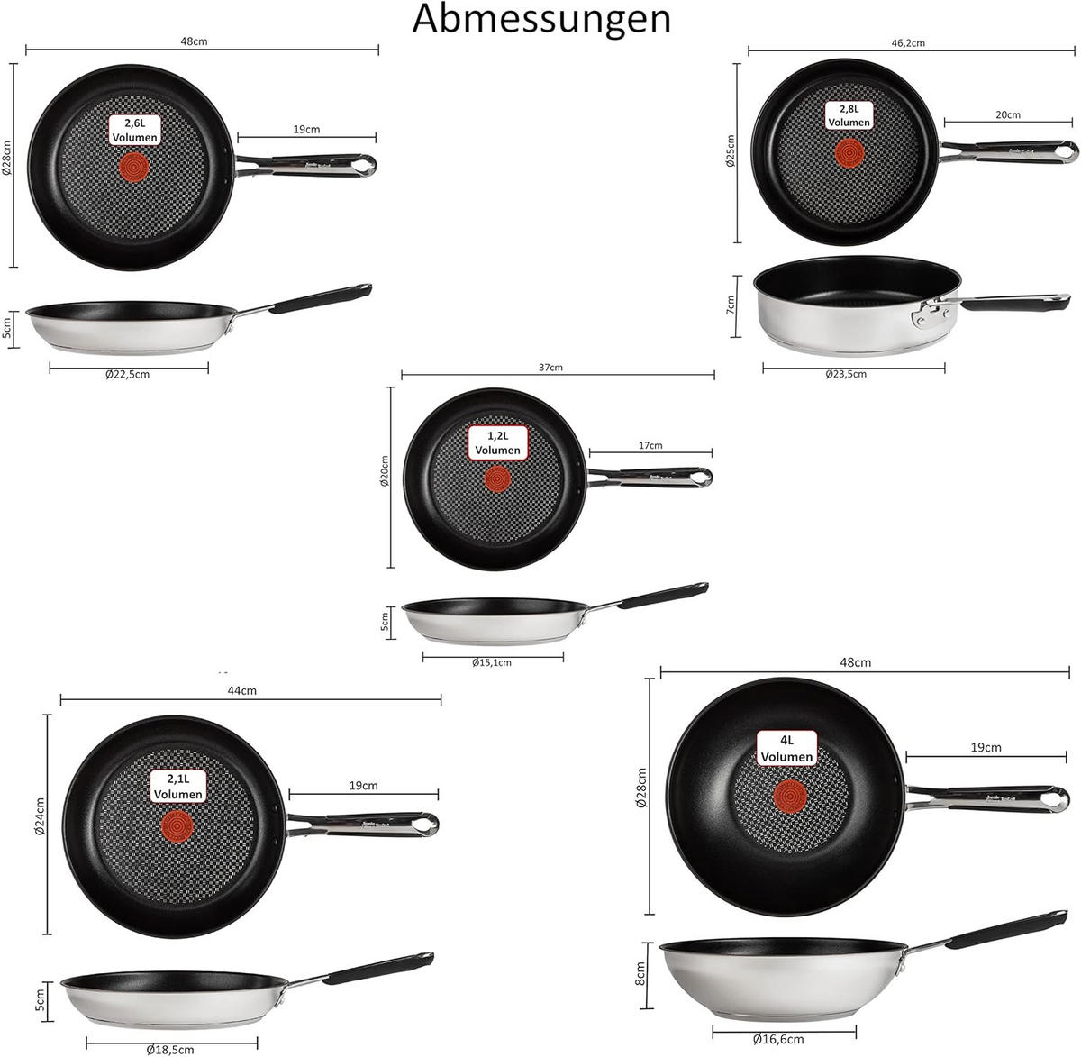PFANNENSET Edelstahl Jamie Oliver E30 – 9-teiliges Set mit Bratpfanne, Schmorpfanne, Wokpfanne, Pfannenwender & Pfannenschoner - Silberfarben, Metall - Tefal