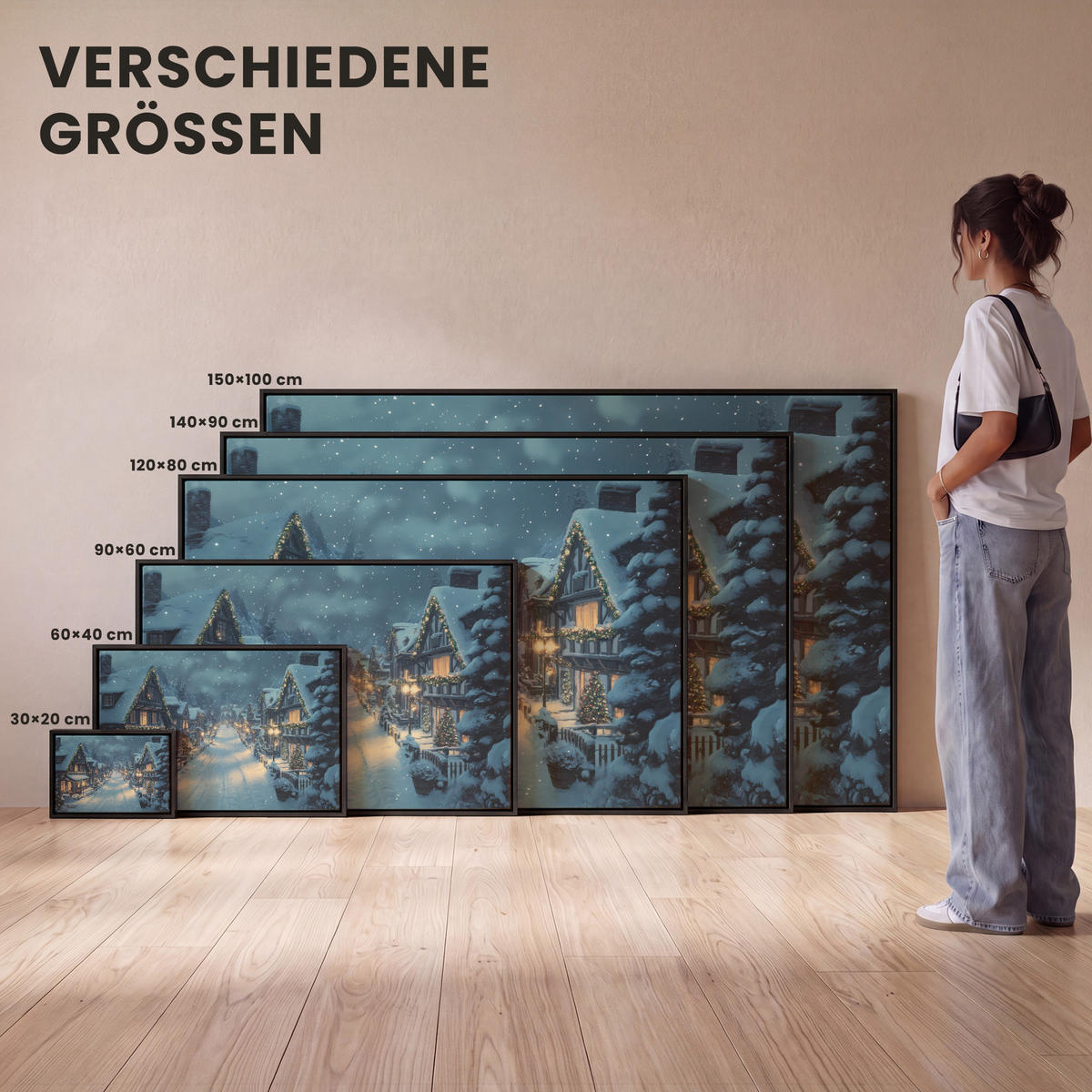 LEINWAND Bilder mit Rahmen - Weihnachtsdorf - Weihnachten - Schnee - Winter - 120x80 - Dunkelblau, Textil (120/80cm) - MuchoWow