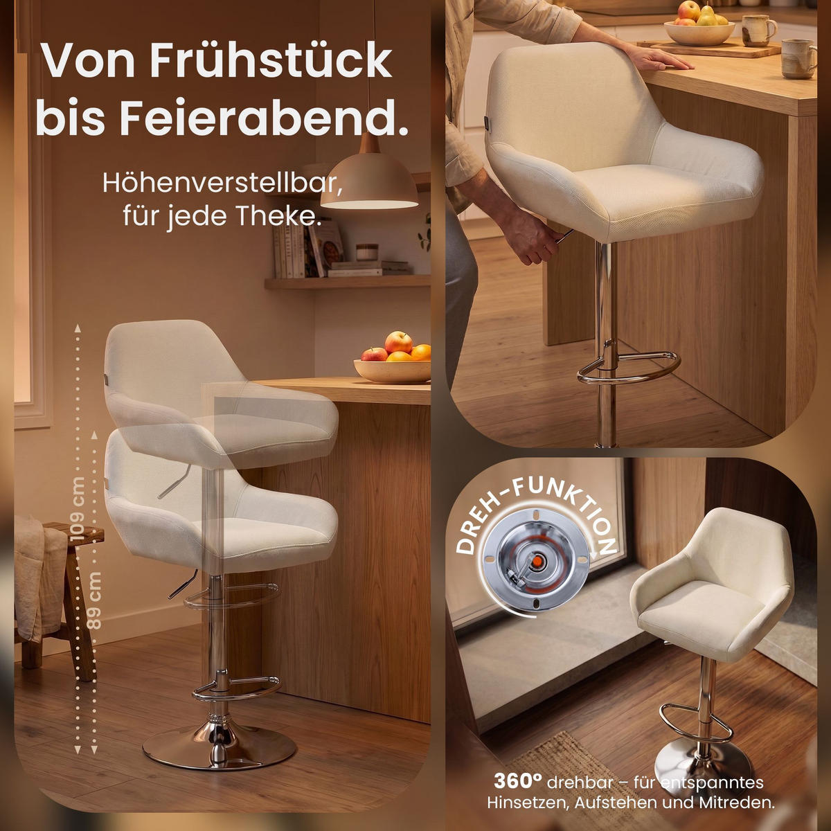 BARHOCKER Stoff creme - Chromfarben/Creme, Textil/Metall (51/89/52cm) - CLP
