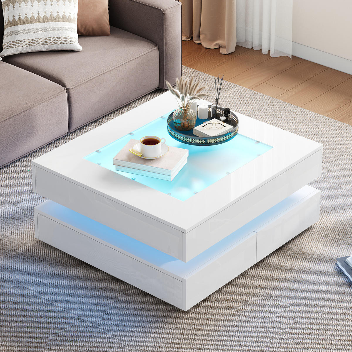COUCHTISCH Weiß LED 3 Schubladen 70/70/35 cm - Weiß, Glas/Holzwerkstoff (70/70/35cm)