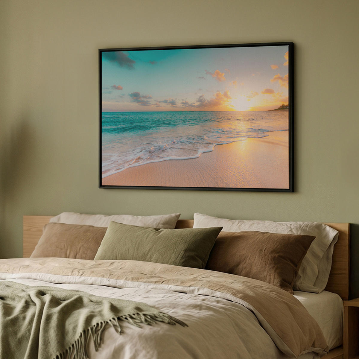 LEINWAND Bilder mit Rahmen - Sonnenuntergang - Strand - Meer - Sommer - Blau - 100x70 - Multicolor, Textil (100/70cm) - MuchoWow