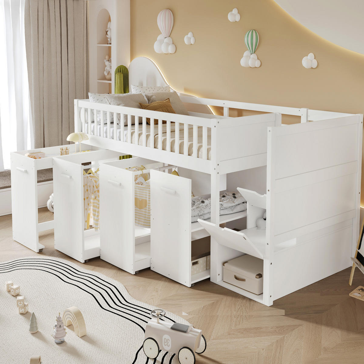 ETAGENBETT 90/200 cm aus Kiefer, MDF und Sperrholz mit Stauraumtreppe, Schreibtisch und Kleiderschränken Weiß - Weiß, Holzwerkstoff (90/200cm) - Modenvie