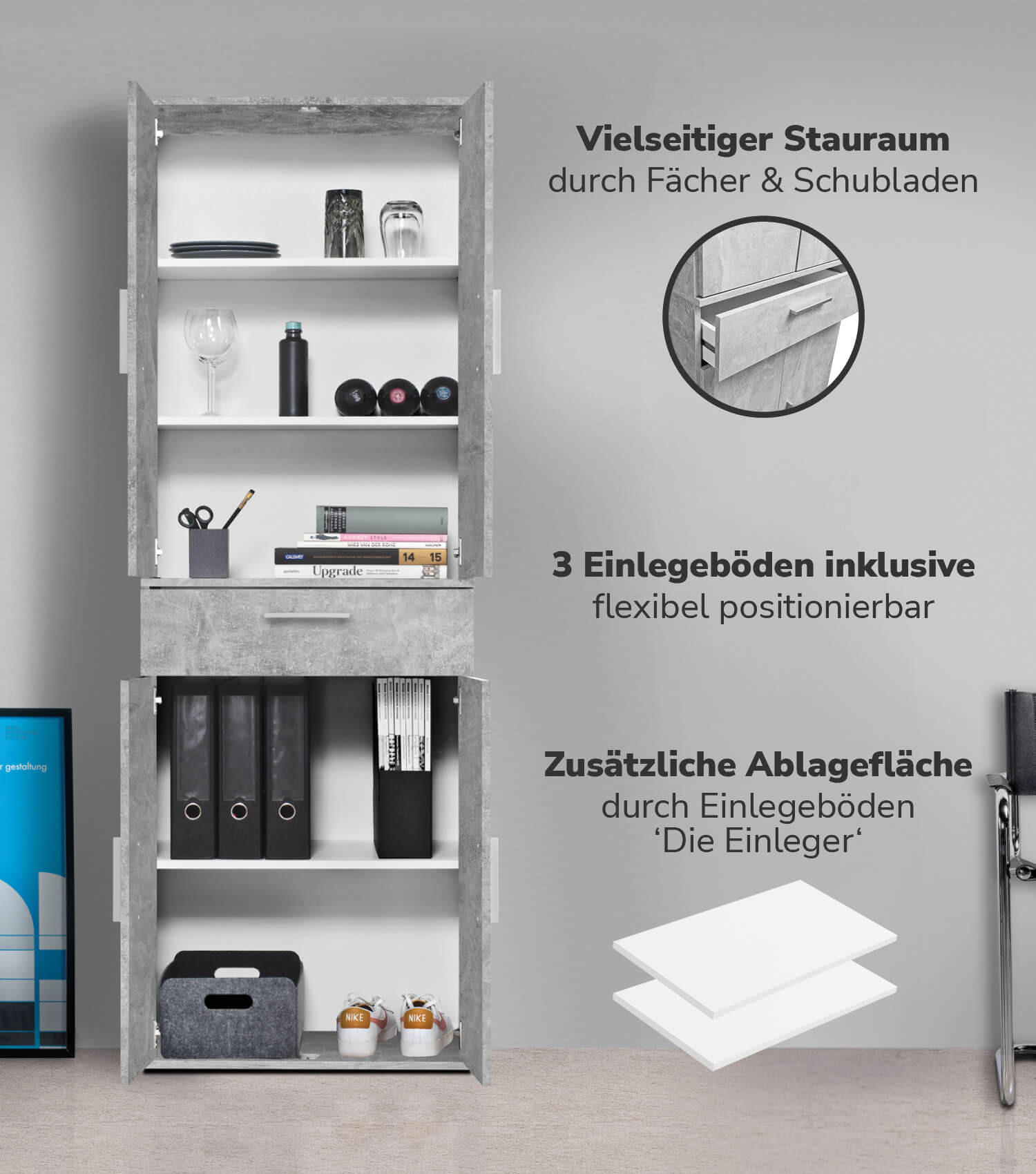MEHRZWECKSCHRANK Der Praktische - Hellgrau/Weiß, Holzwerkstoff (60/180/34cm) - Mokebo