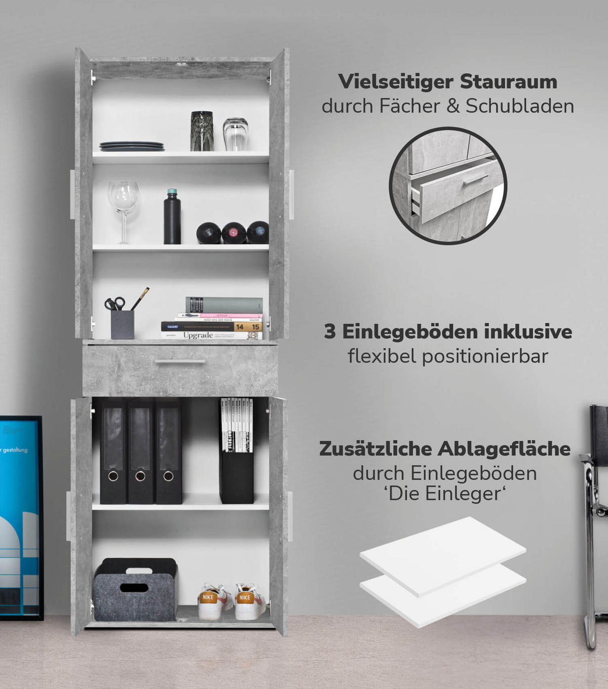 MEHRZWECKSCHRANK Der Praktische - Hellgrau/Weiß, Holzwerkstoff (60/180/34cm) - Mokebo