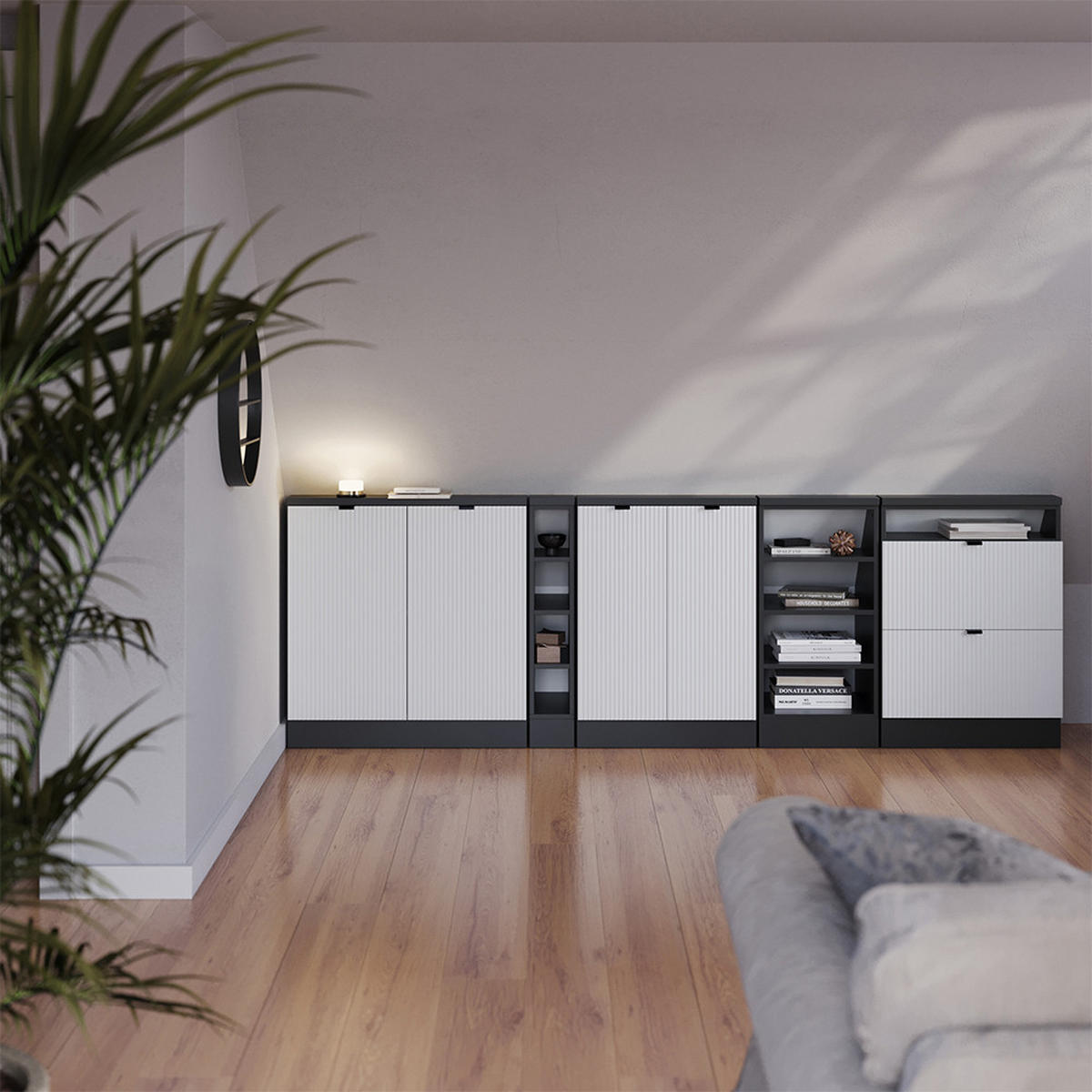 DACHSCHRÄGENSCHRANK-SET Rion Weiß Riffel 140 cm 2er Set - Weiß, Holzwerkstoff (140/81.6/46cm) - Vicco