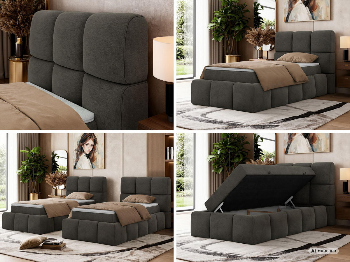 BOXBETT NIRA 90/200 - Dunkelgrau Velvet - Topper Visco - H3 - Dunkelgrau/Anthrazit, Kunststoff/Textil (200/90cm) - MKS