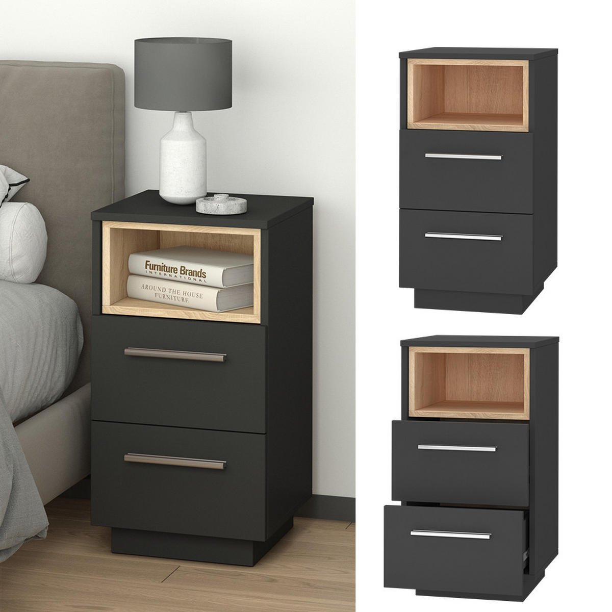NACHTTISCH Beatrice Anthrazit 36 x 68 cm 2er Set - Anthrazit, Holzwerkstoff (36/68/36cm) - Vicco