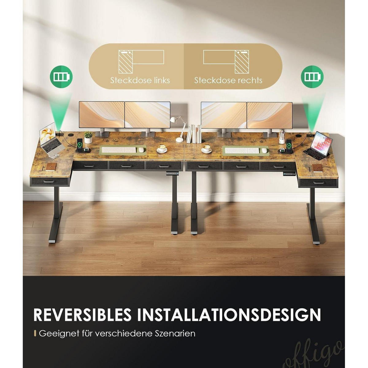 ECKSCHREIBTISCH höhenverstellbar 140 x 80 cm Vintage Braun mit Steckdose und 4 Schubladen - Braun, Holzwerkstoff (80/140/72cm)