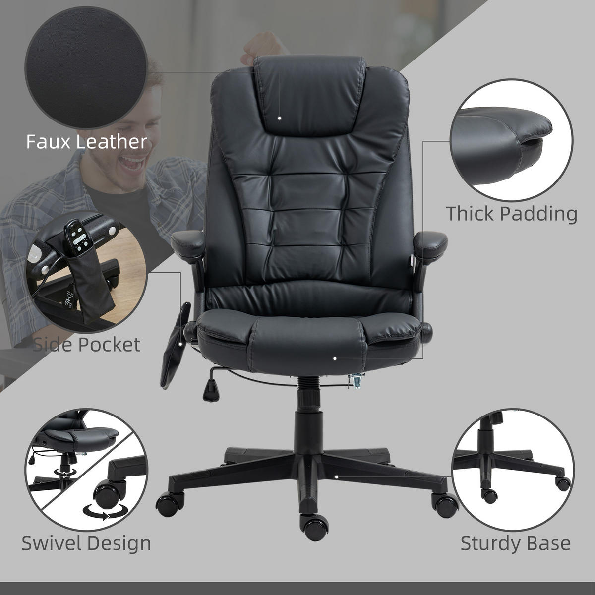 MASSAGESESSEL Bürostuhl Drehstuhl mit Wärmefunktion Chefsessel Bürosessel - Schwarz, Kunststoff (70/121/70cm) - HOMCOM