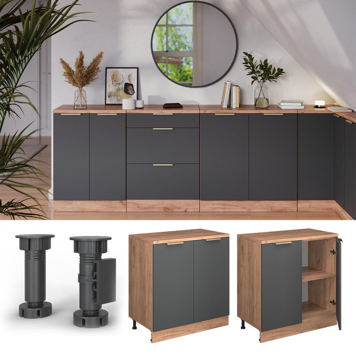 ORMAR ZA POTKROVLJE Rion Antracit-Zlatna 80 x 81.6 cm bez kosine s 2 vrata - hrast medunac/antracit, drvni materijal (80/83.8/46cm) - Vicco