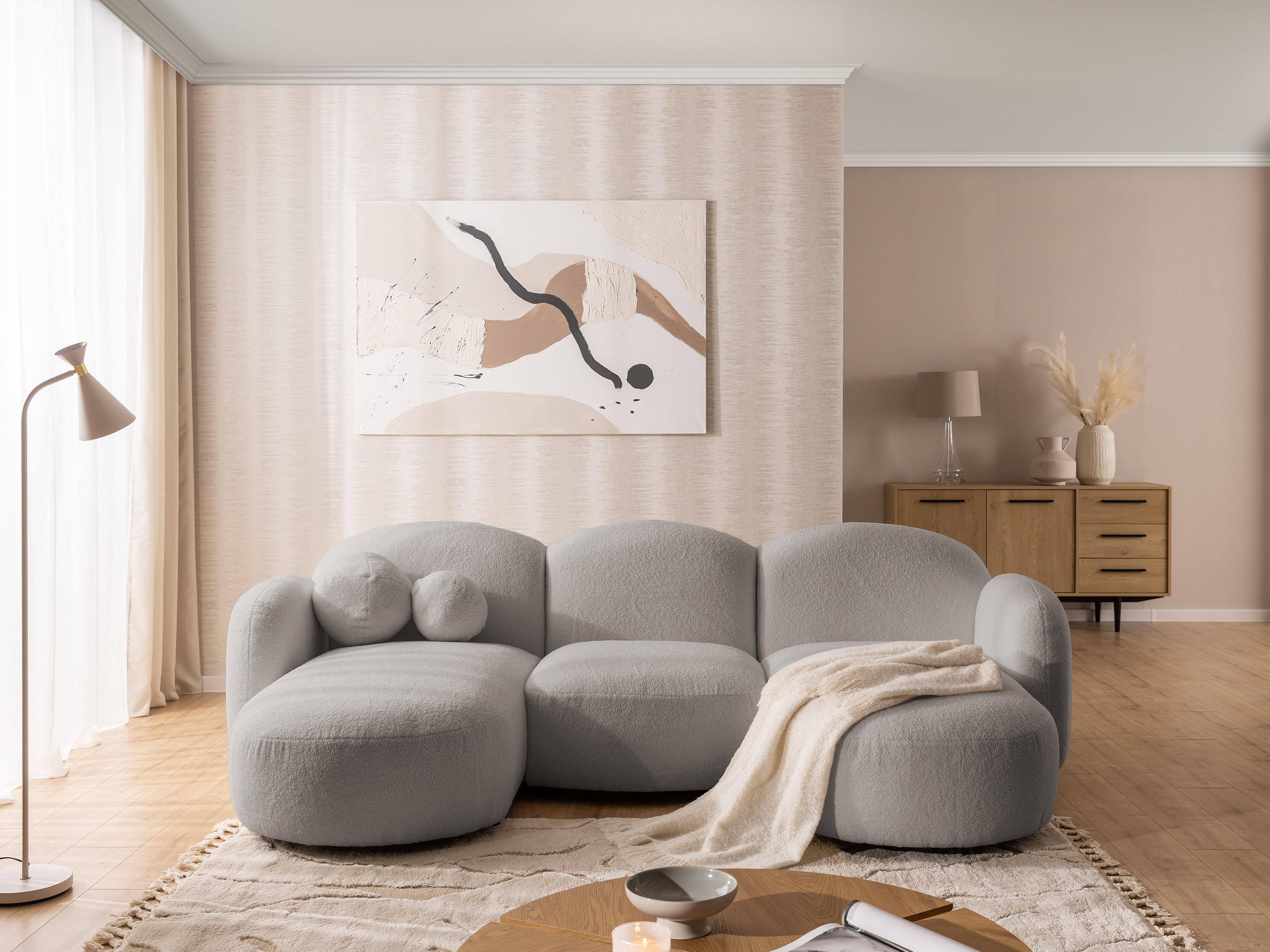 WOHNLANDSCHAFT Nuvola mit abgerundetem Design Hellgrau Bouclé-Stoff - Hellgrau/Schwarz, Holz/Kunststoff (268/80/146cm) - S-Style Möbel