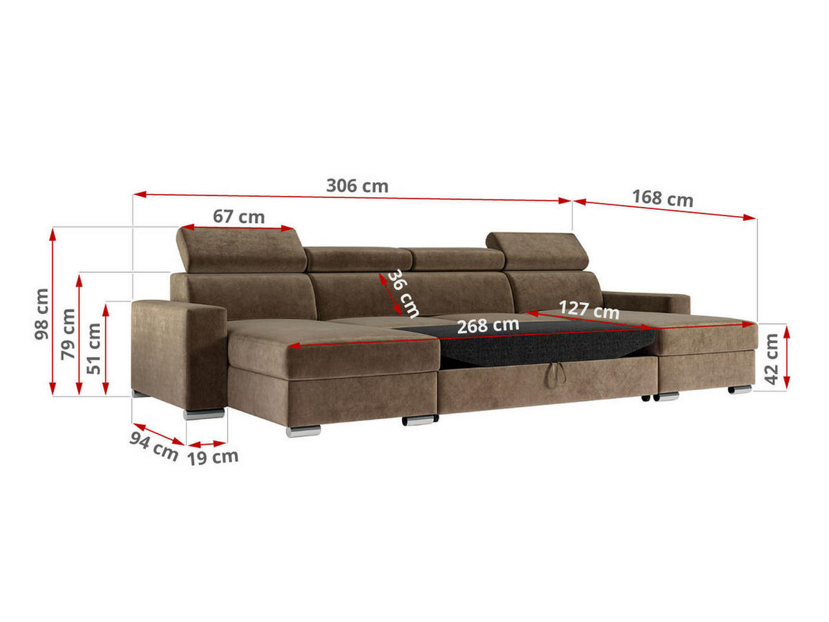 WOHNLANDSCHAFT FOX U Braun - Velvet - Silberfarben/Braun, Kunststoff/Textil (306/98/168cm) - MKS