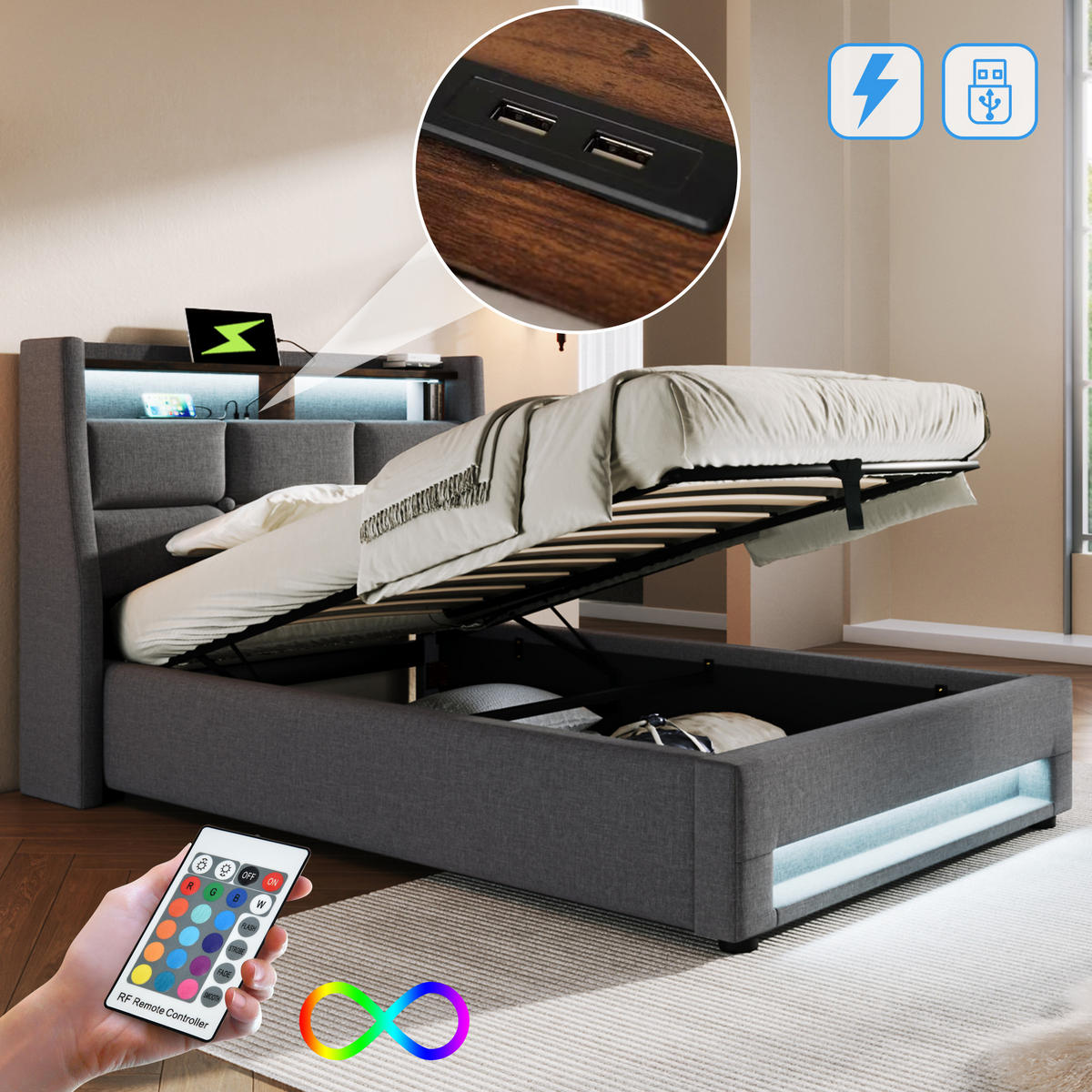 POLSTERBETT 90/200 cm, in Grau mit LED-Beleuchtung und USB-Anschluss, , Leinen - Grau, Textil (90/200cm) - Homcomodar